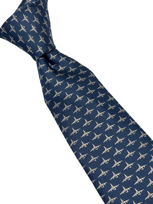 medium denim blue tie with fighter aeroplane design